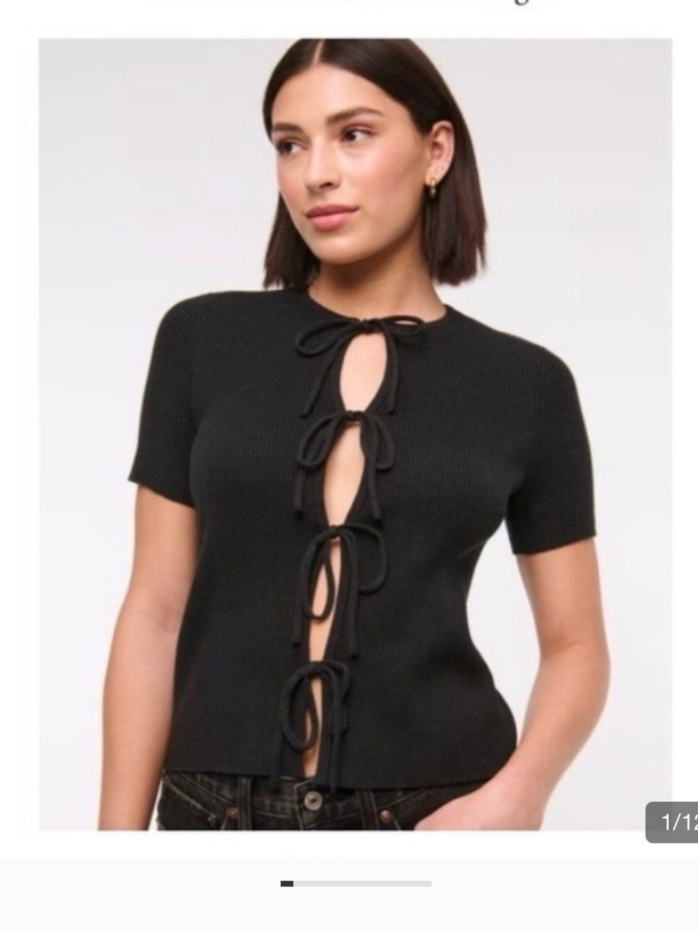 Abercrombie & Fitch Black Ribbed Short-Sleeve Top with Front Tie
